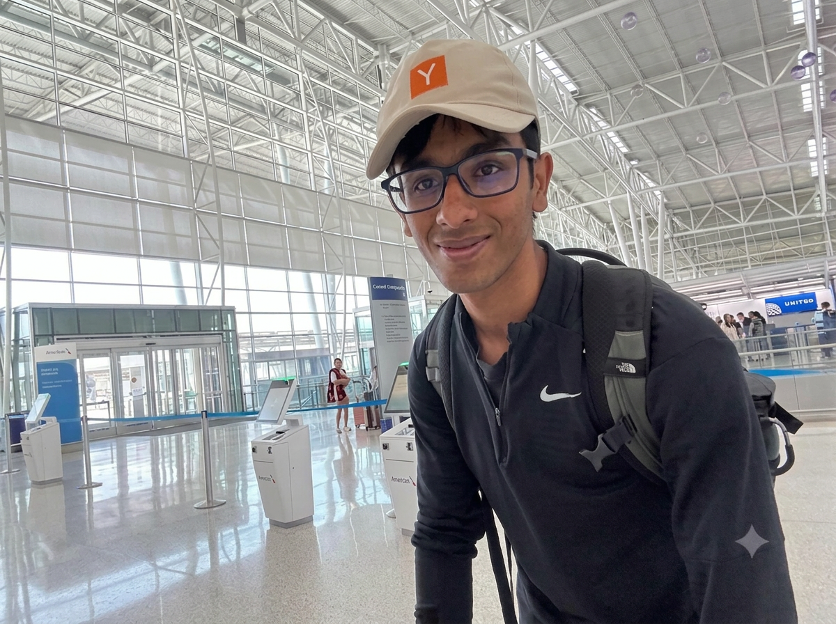 Pranay at the airport with a backpack, heading to a program